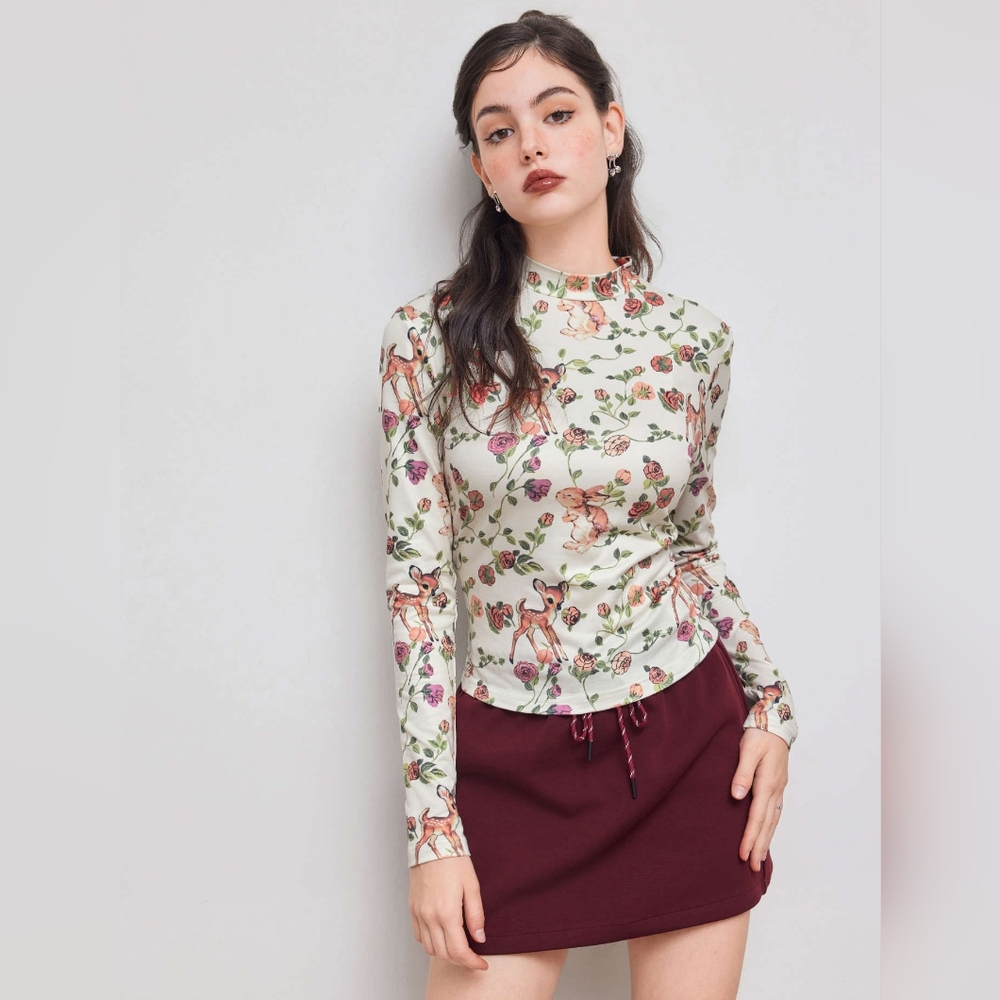 Cider High Neck Rose & Rabbit & Deer Print Long Sleeve Top